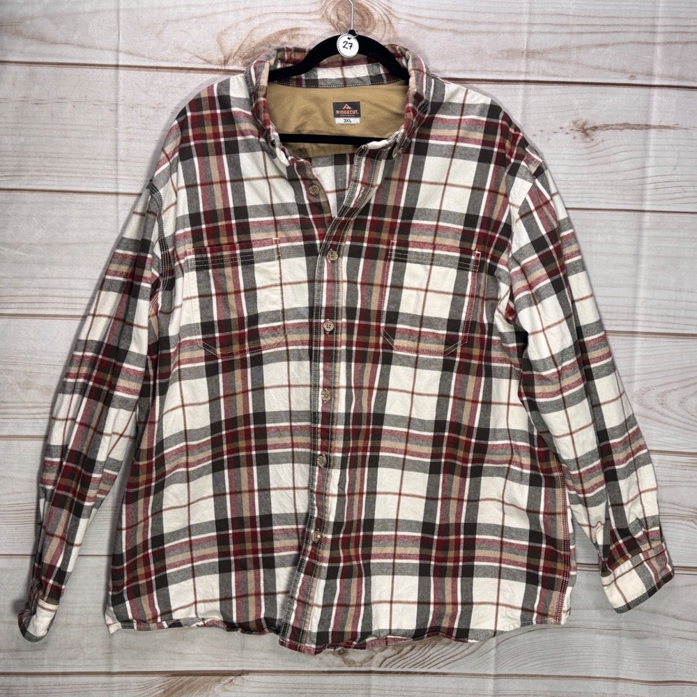 Ridgecut Toughwear Mens 3XL Plaid Flannel Button Down Shirt Deep Red Tan Cream